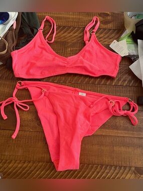 NWT Aerie FULL SET Beach Babe Shine Rib Voop Top + Cheekiest Tie Bottom - Size L